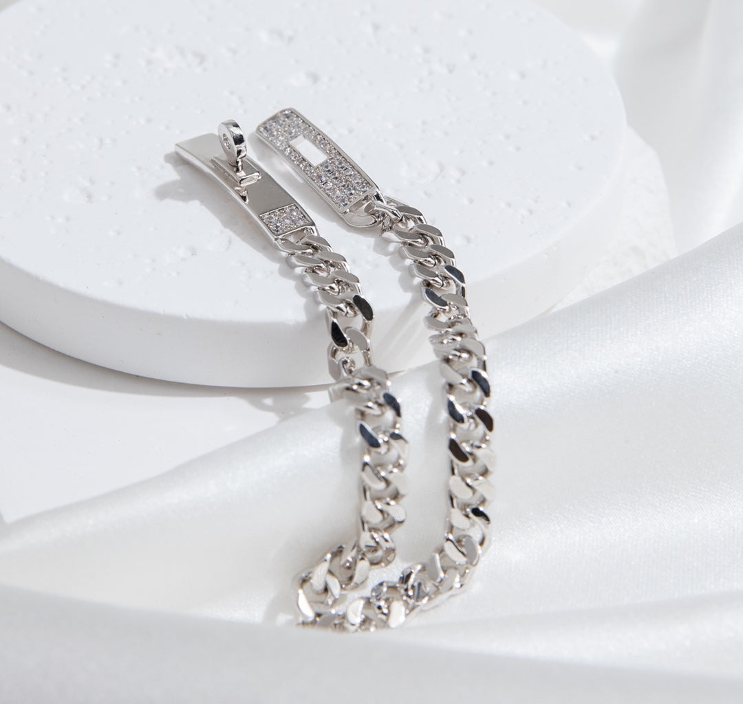 Hermes Kelly Chain Silver Cubic Zirconia Bracelet