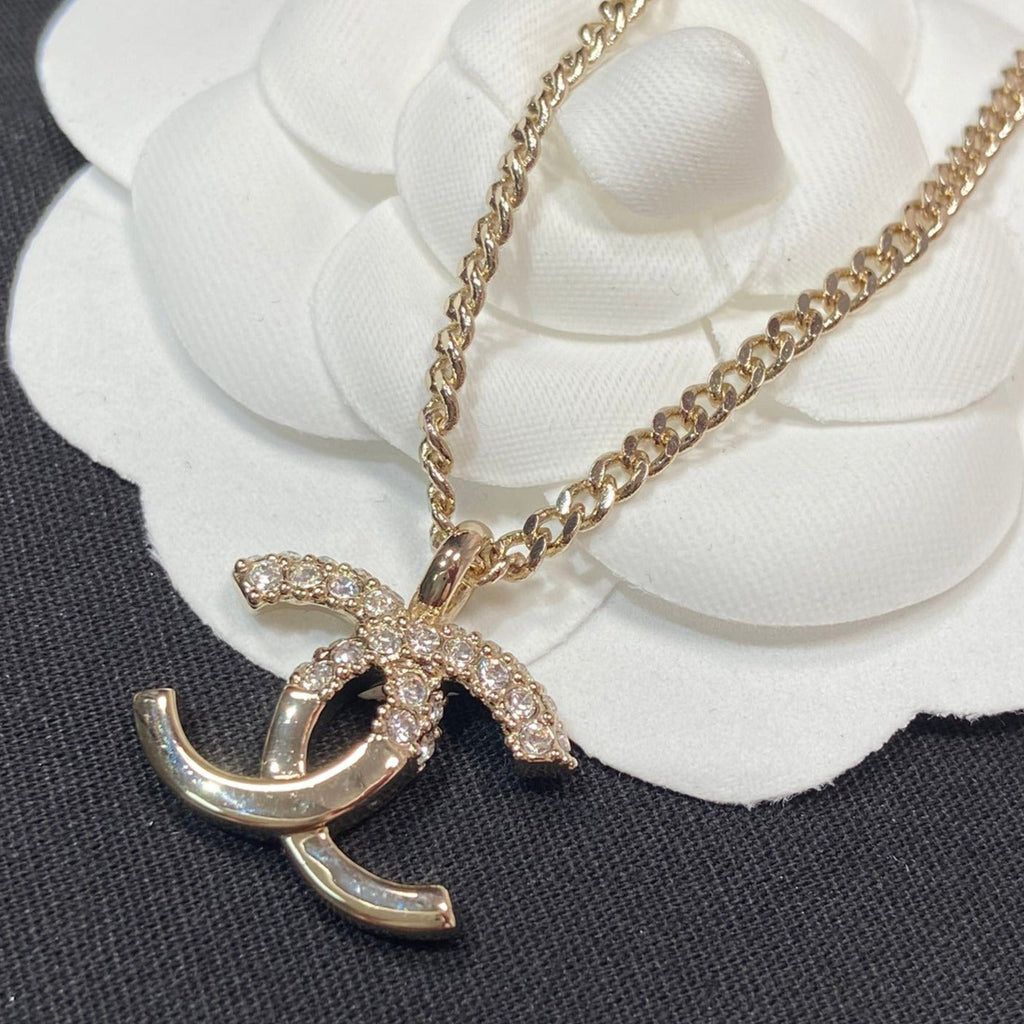 Chanel Pendant Half Cubic Zirconia Pink Gold Necklace