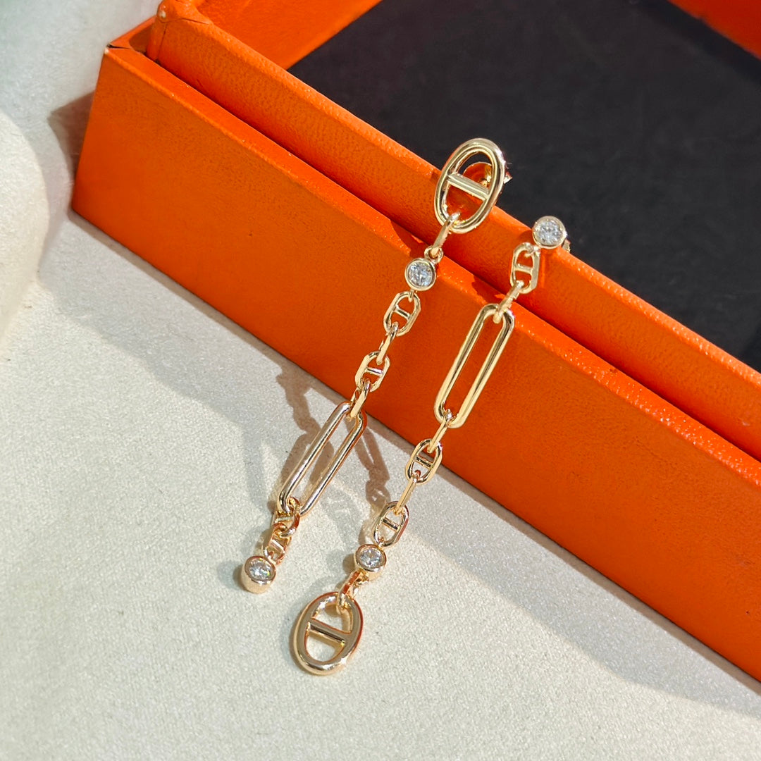 Hermes Chaine 3 Diamond Drop Pink Gold Earrings