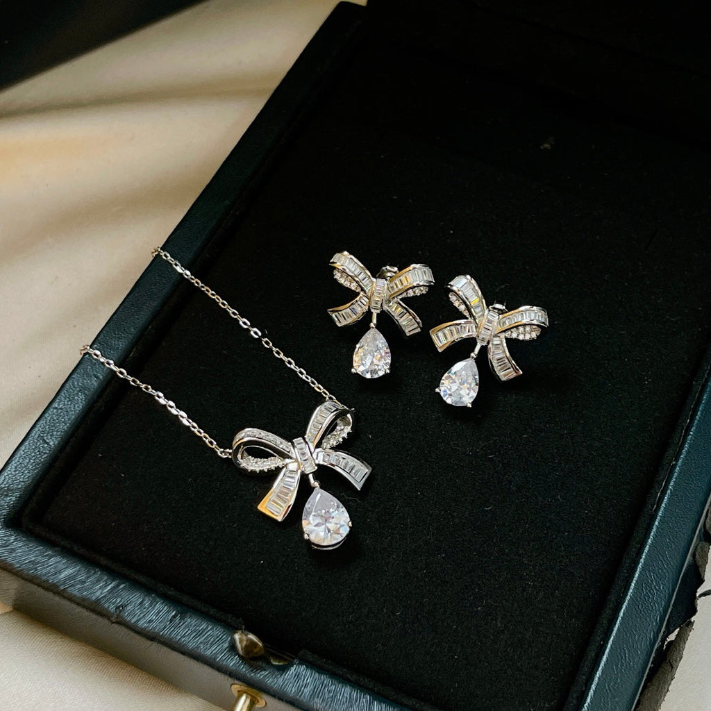 Graff Tilda Bow Baguette Cut Silver Cubic Zirconia Drop Necklace