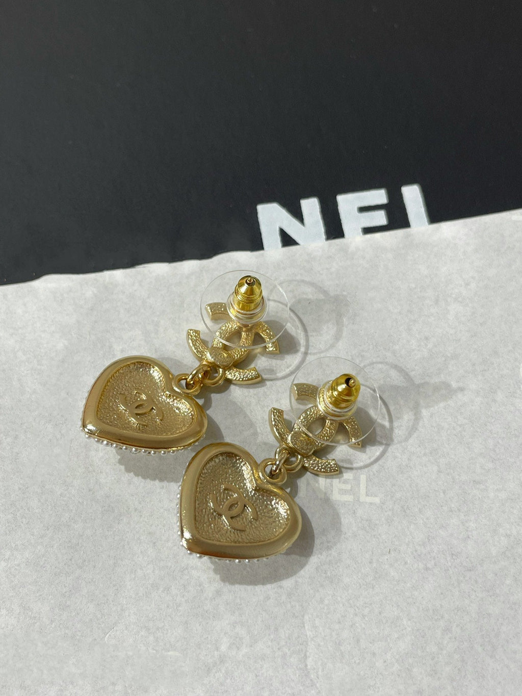 Chanel Logo Cubic Zirconia Paved Heart MOP Drop Earrings