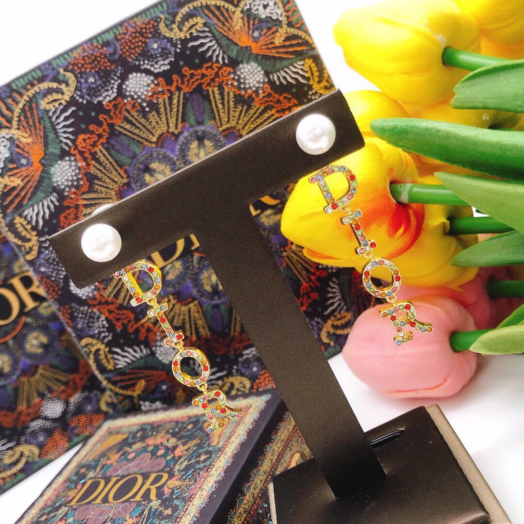 18K Dior Color Crystal Script Earrings