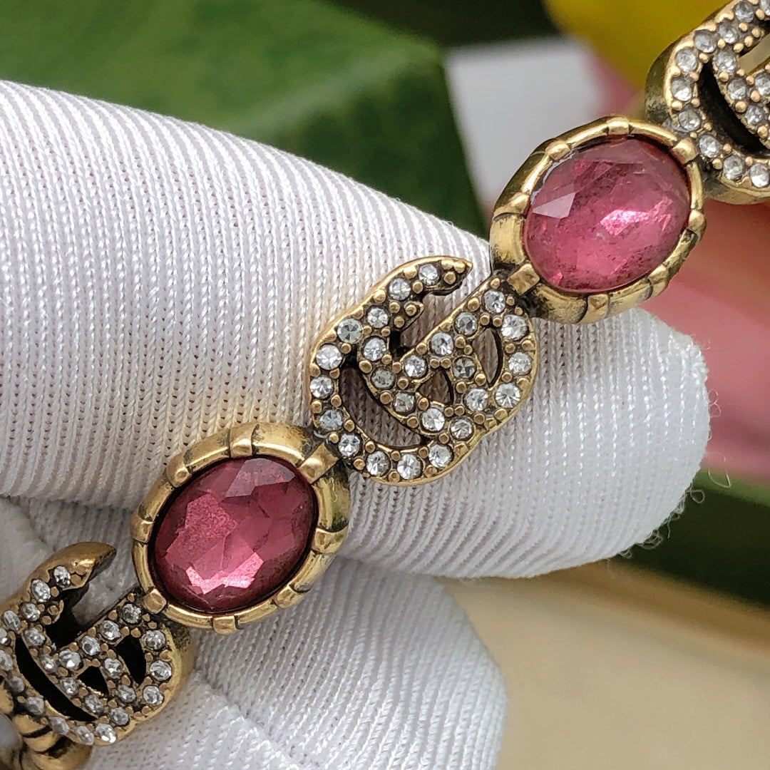 18K Double Gucci Red Crystals Open Cuff Bracelet