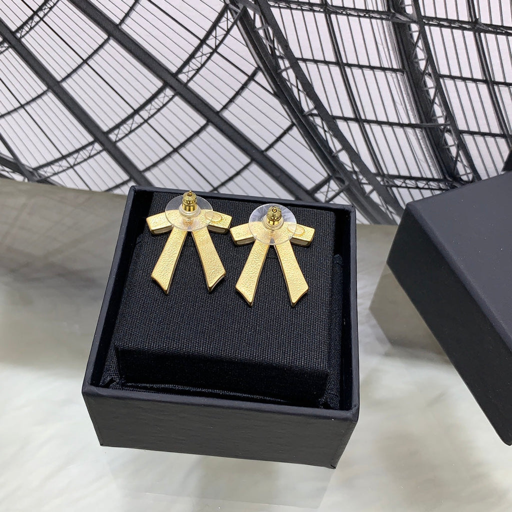 Chanel Black Letter Earrings with White Ribbon and Bow