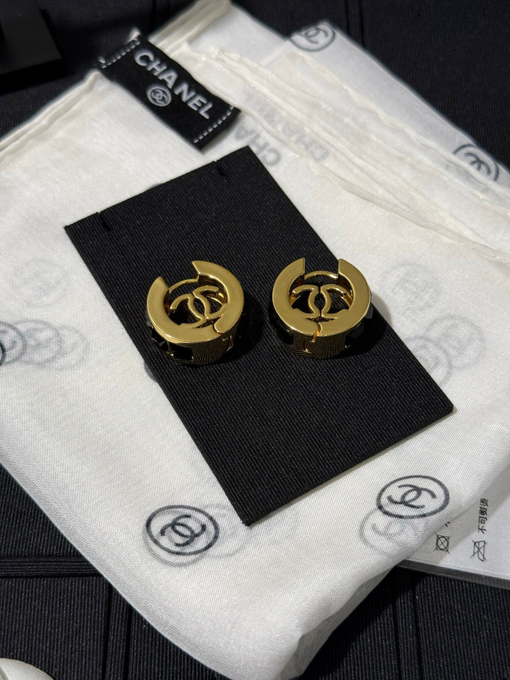 Chanel 2026 Black Square Diamond Gold Double C Hoop Stud Earrings