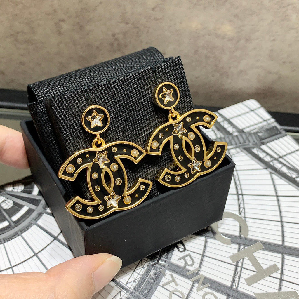 Chanel Black Enamel Five-Pointed Star Double C Stud Earrings