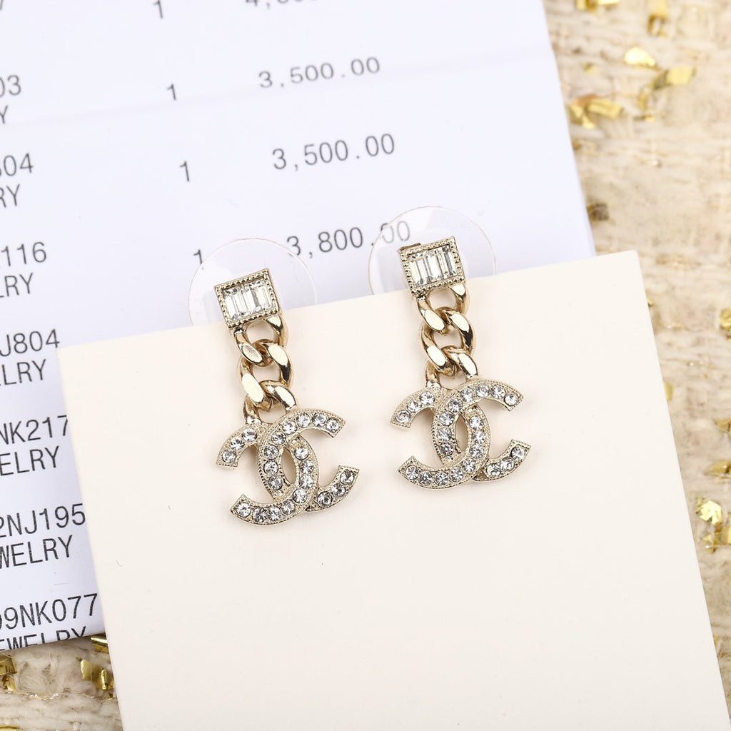 Chanel Double C Gold Diamonds Drop Earrings