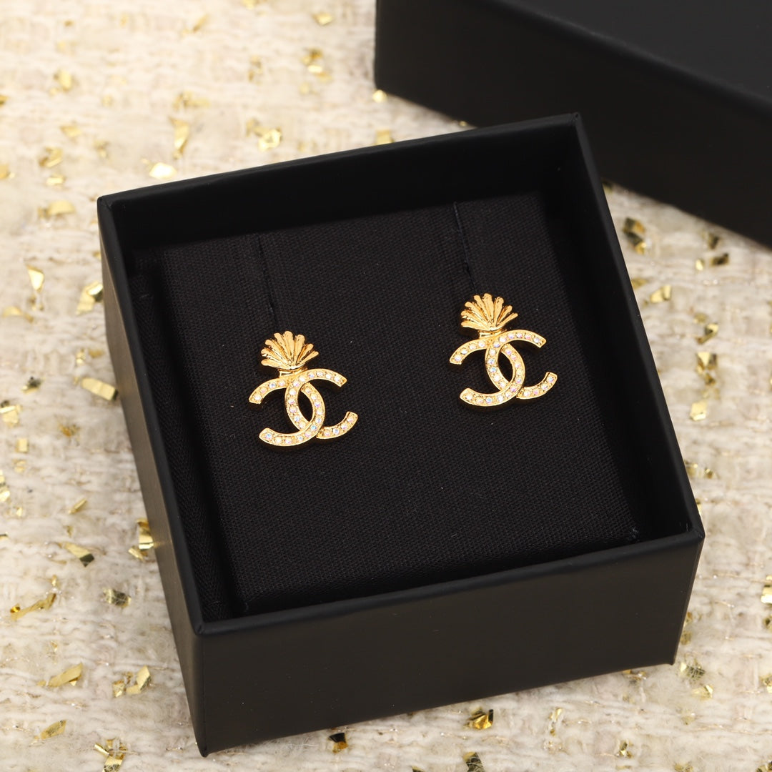 Chanel Vintage Double C Gold Diamonds Earrings