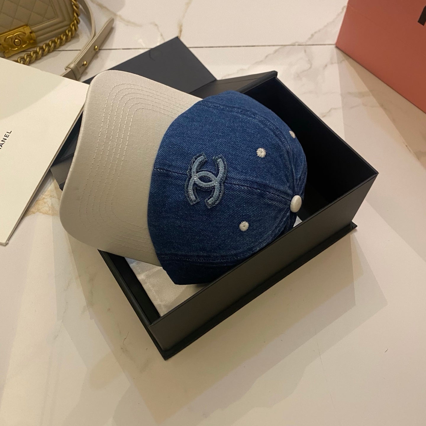 Chanel Color-Blocked Denim Baseball Cap